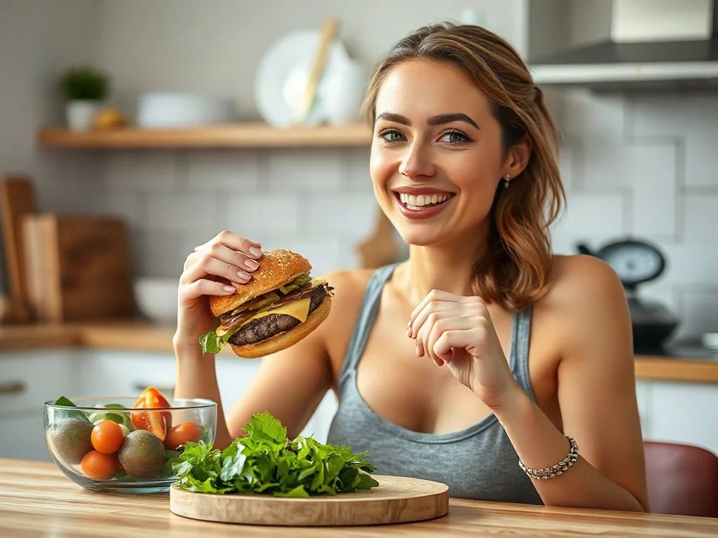 Szczęśliwa kobieta w nowoczesnej kuchni je apetycznego burgera, co ilustruje ideę cheat mealu w zdrowej diecie.